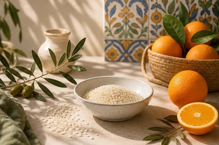 Ingredientes mediterráneos sobre una mesa con inspiración valenciana
