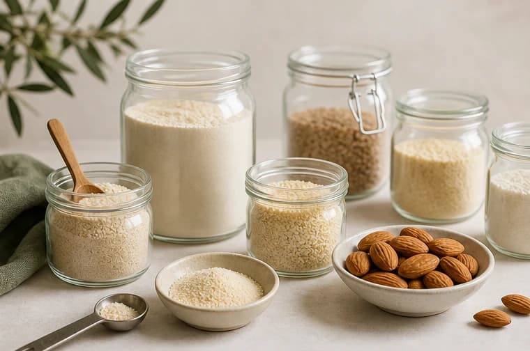 Ingredientes alimentarios seleccionados en tarros y cuencos