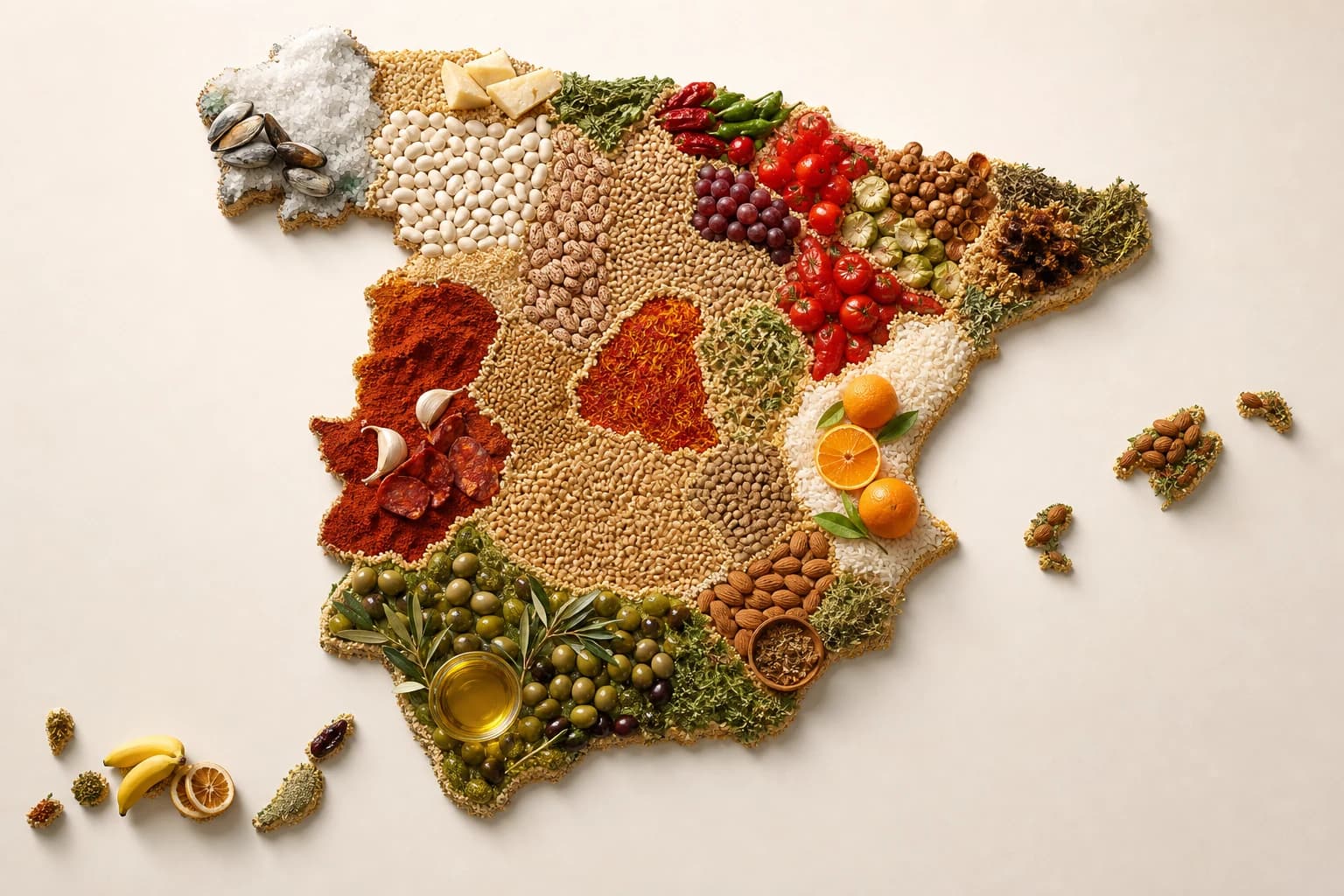 Mapa de España compuesto con ingredientes alimentarios