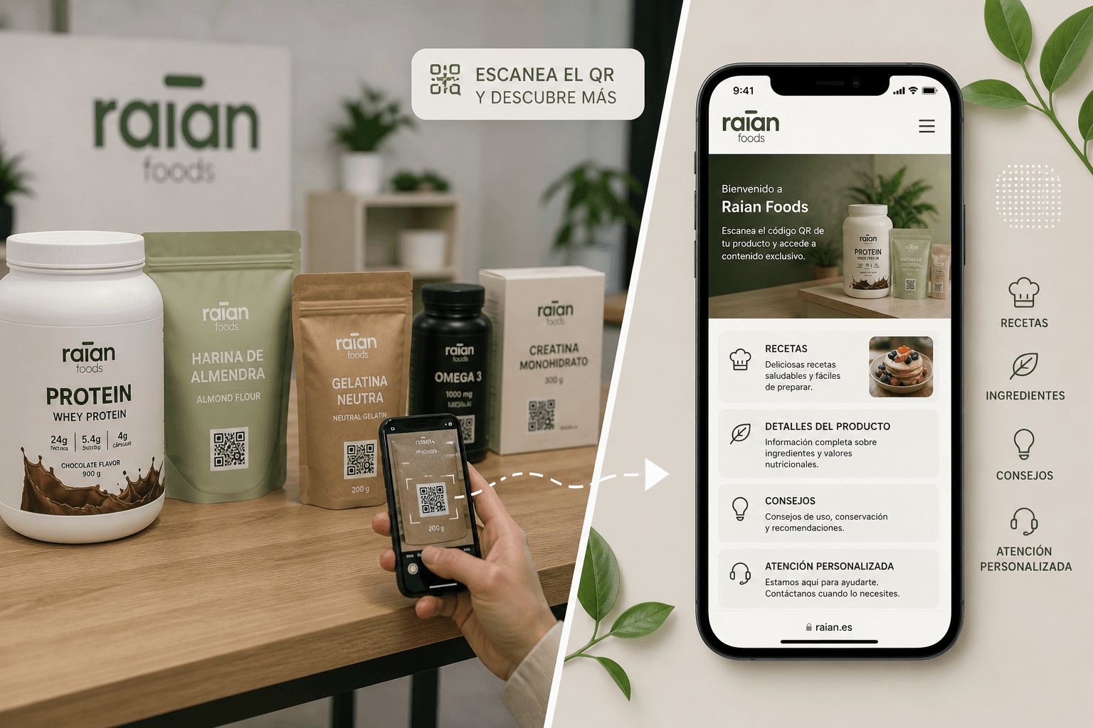 Productos RAIAN con código QR y contenido de recetas, detalles de producto, ingredientes y atención personalizada