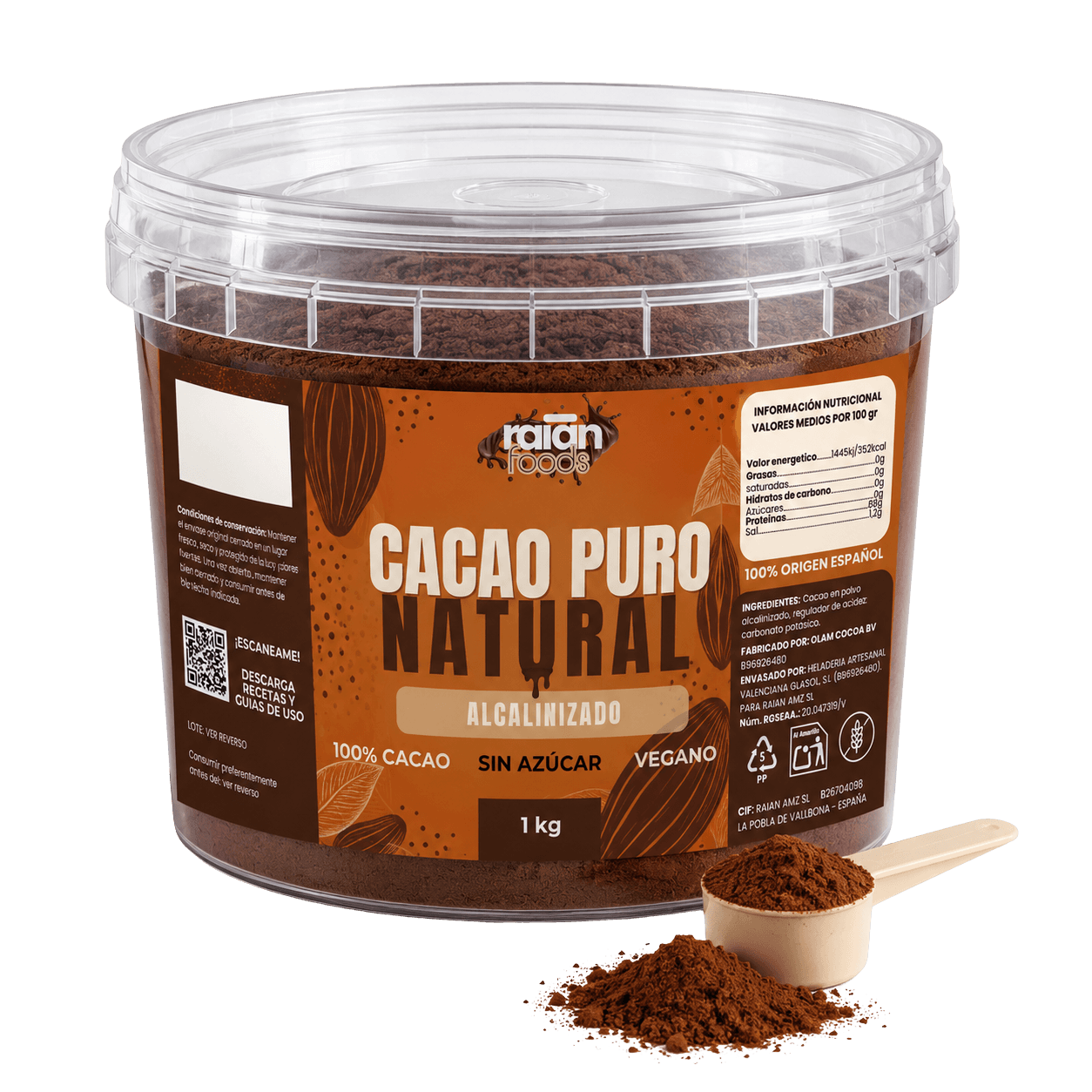 Cacao puro natural alcalinizado RAIAN 100% cacao en formato 1 kg