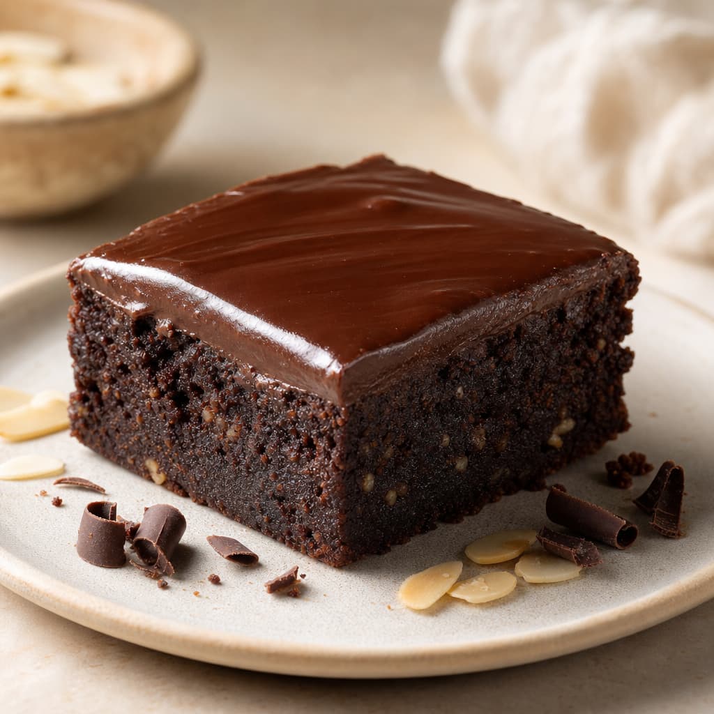 Brownie sin gluten con cobertura de chocolate negro preparada como receta RAIAN