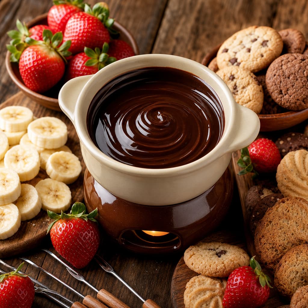 Fondue de chocolate a la taza con frutas y galletas preparada como receta RAIAN