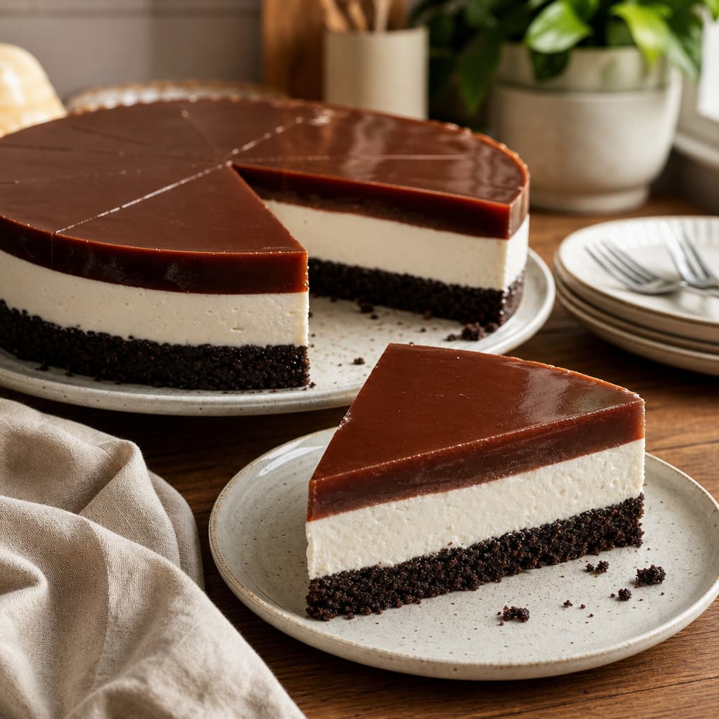Tarta familiar de galleta, nata y gelatina de cacao preparada como receta RAIAN