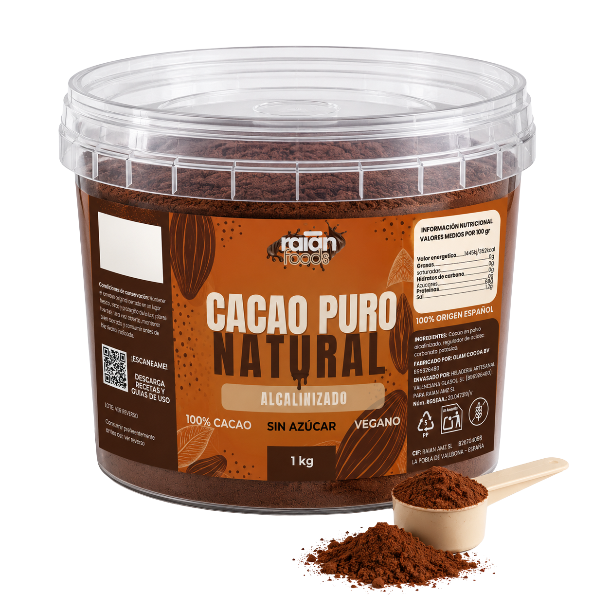 Bote de cacao premium alcalinizado RAIAN 22-24% 1 kg