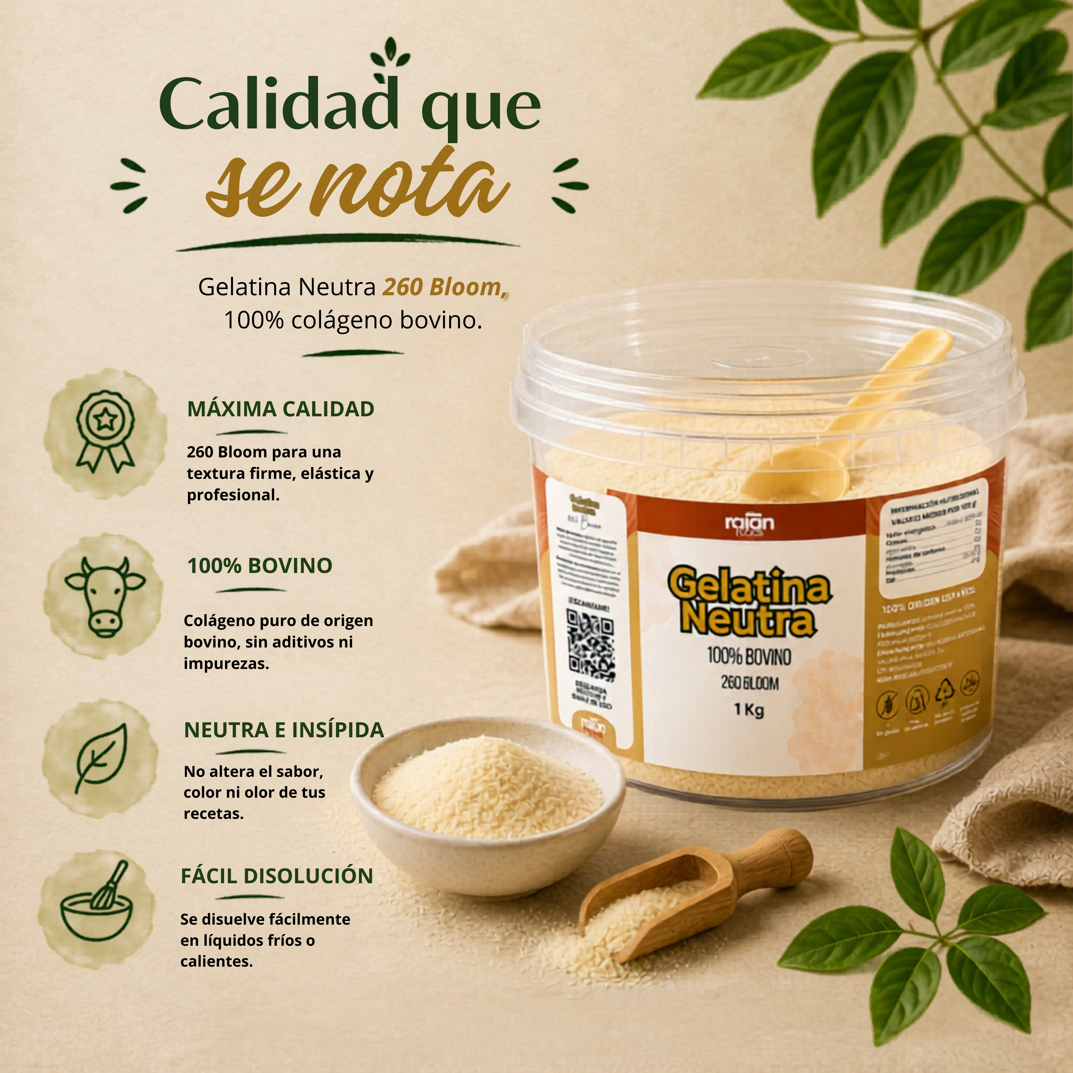 Calidad que se nota: máxima calidad 260 Bloom, 100% bovino, neutra e insípida