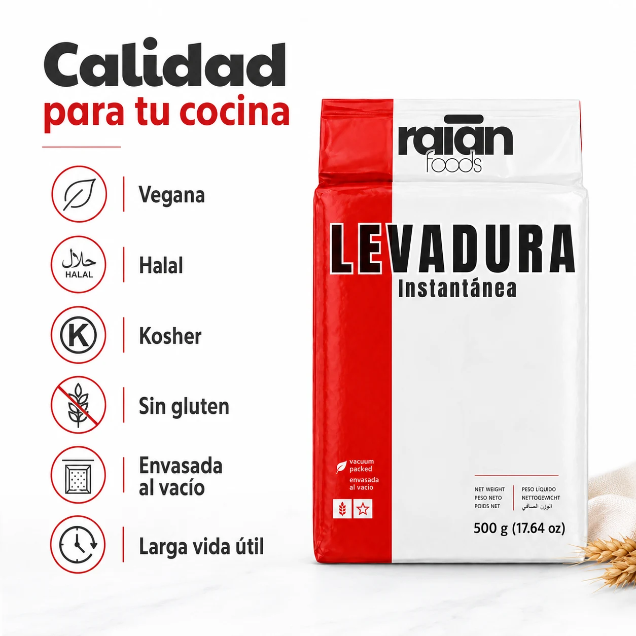 Levadura instantánea RAIAN vegana, halal, kosher, sin gluten y envasada al vacío
