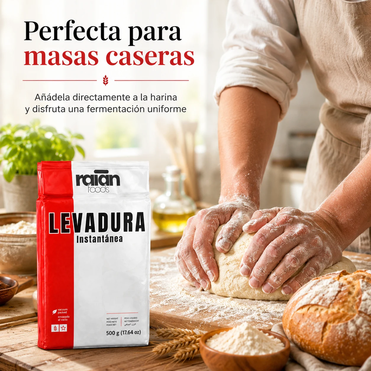 Levadura instantánea RAIAN, perfecta para masas caseras: añádela directamente a la harina