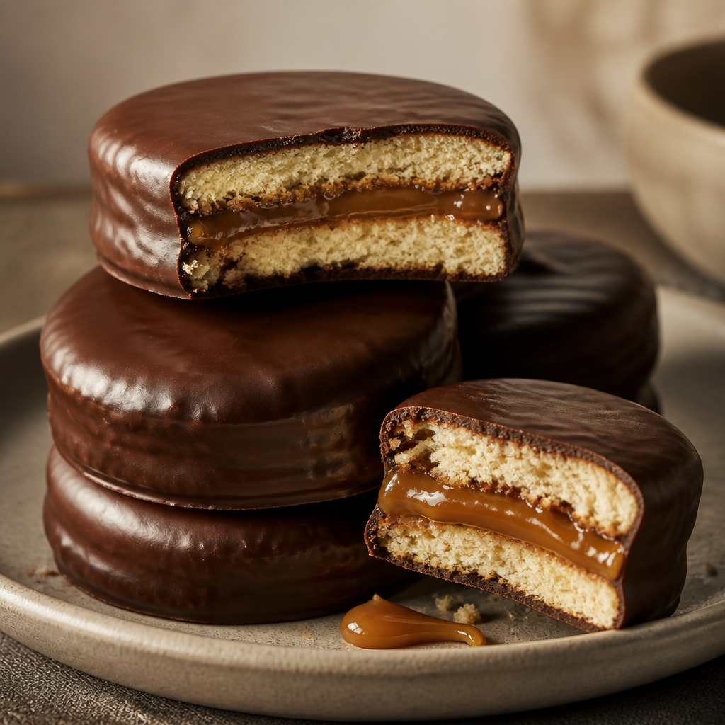 Alfajor bañado en chocolate negro preparada como receta RAIAN
