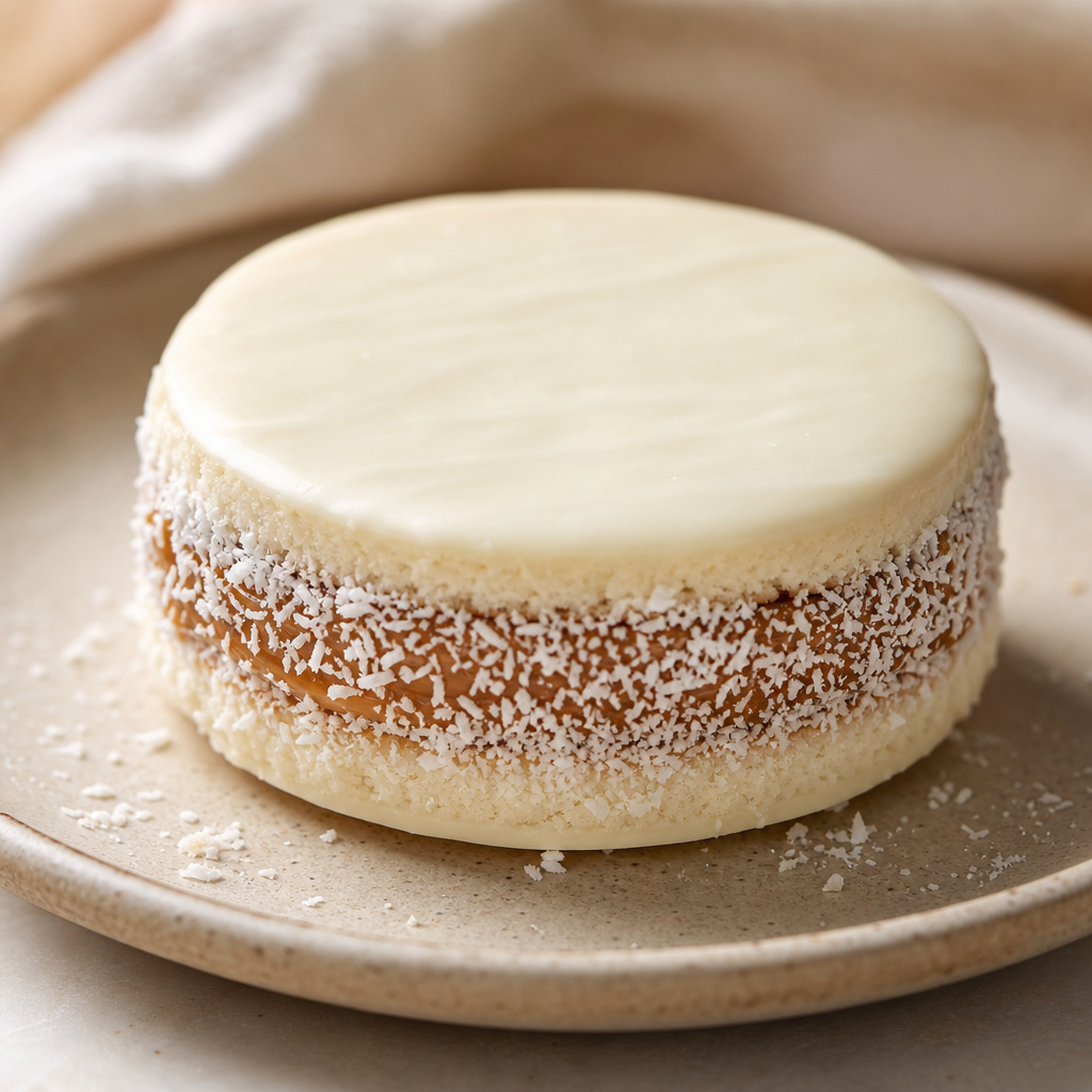 Alfajor blanco con coco preparada como receta RAIAN