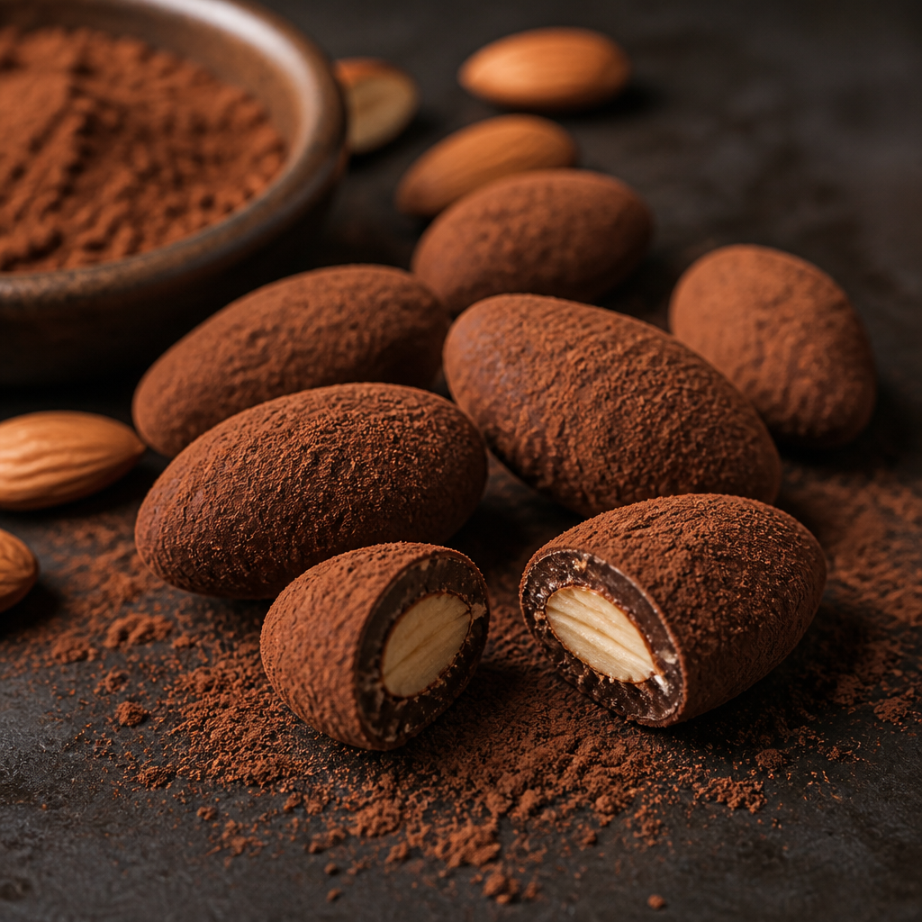 Almendras bañadas en chocolate negro y cacao preparada como receta RAIAN