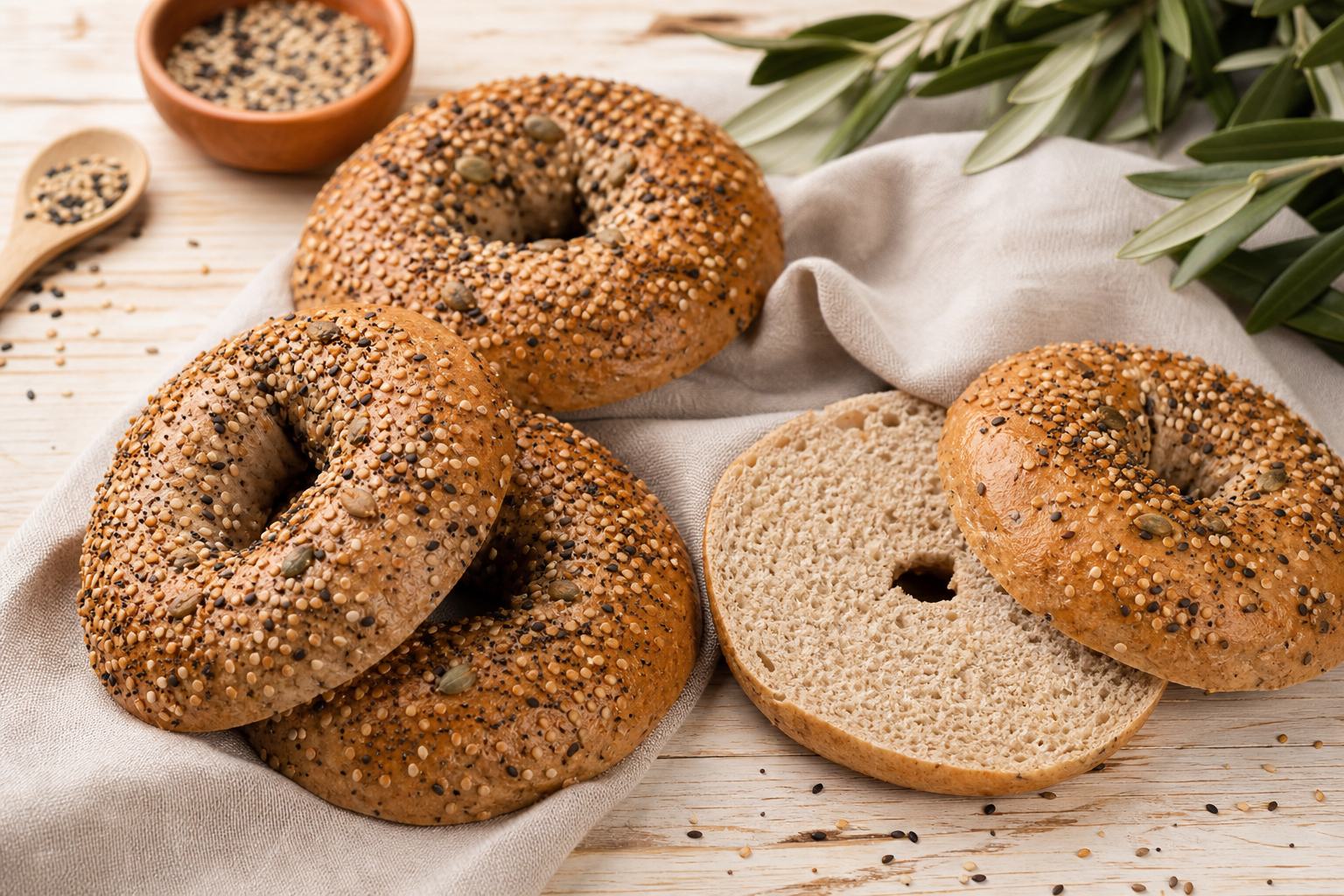 Bagels integrales con semillas para el desayuno fit preparada como receta RAIAN