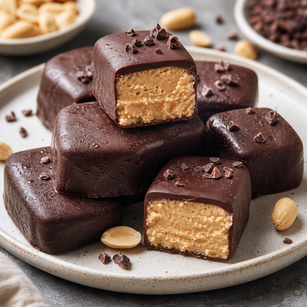 Bocaditos helados de crema de cacahuete y chocolate negro preparada como receta RAIAN