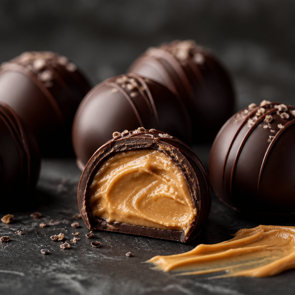 Bombones de chocolate negro rellenos de crema de cacahuete preparada como receta RAIAN