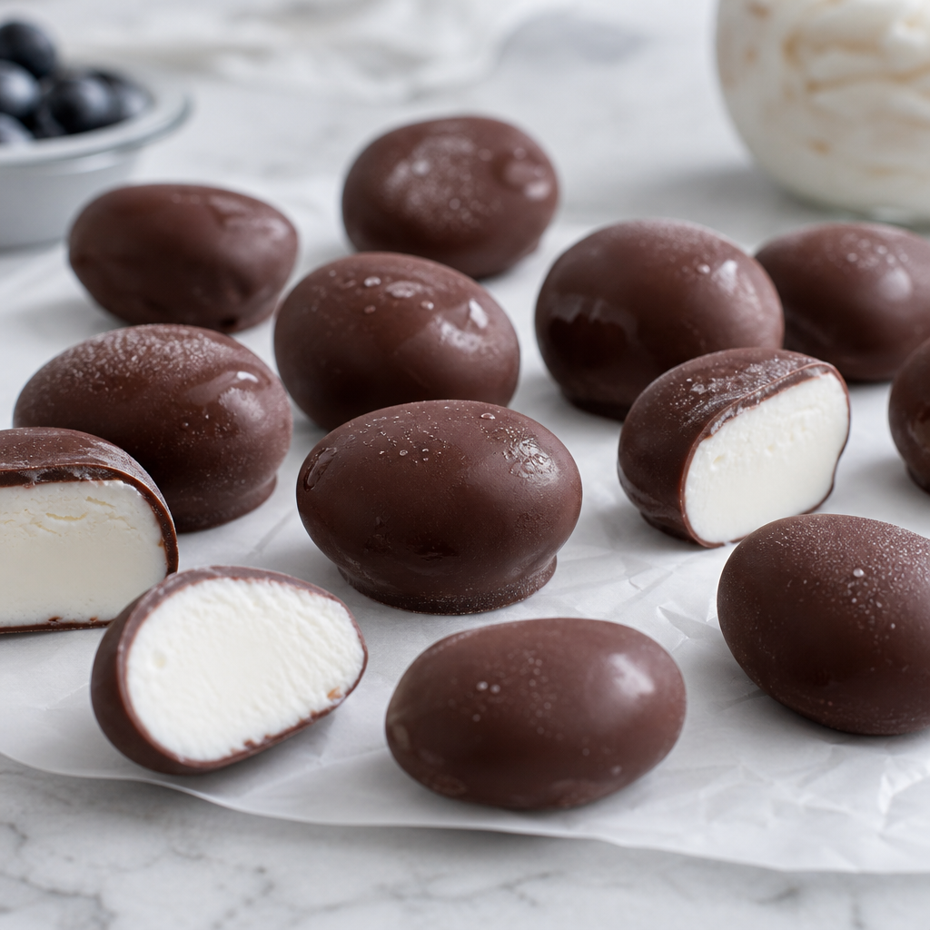 Bombones helados de yogur griego y chocolate negro preparada como receta RAIAN