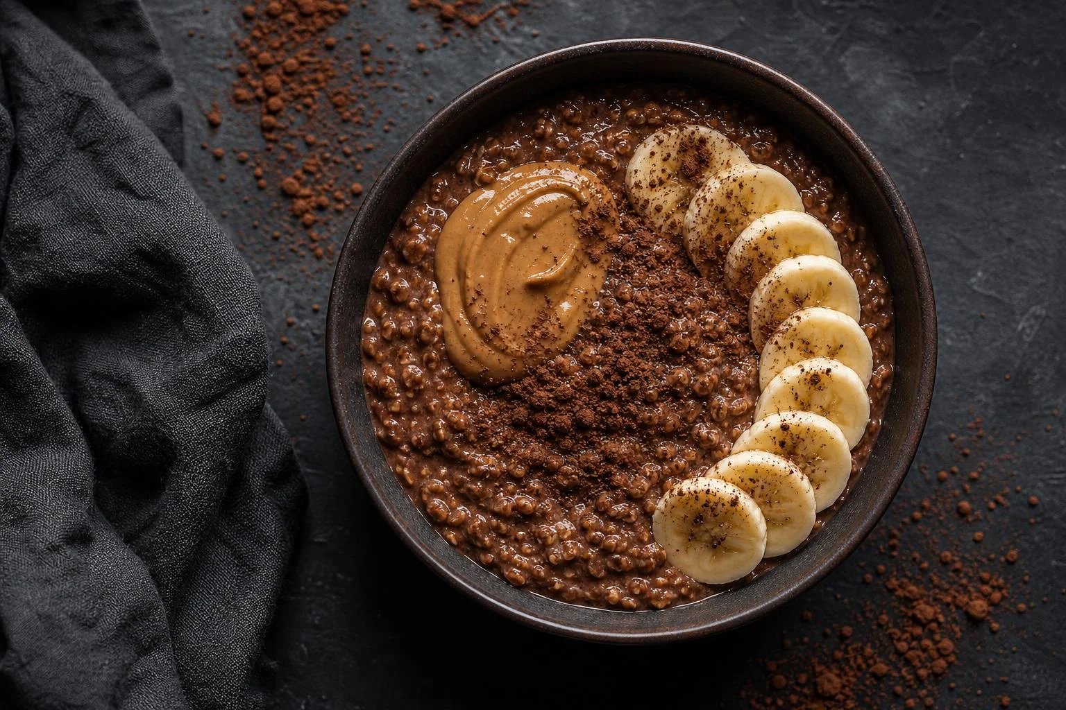 Bowl de avena con cacao y plátano preparada como receta RAIAN