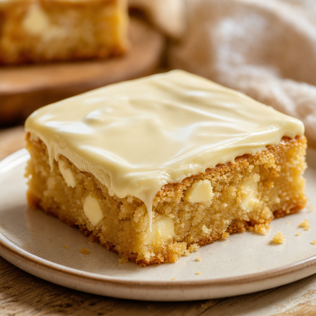 Brownie blondie con cobertura de chocolate blanco preparada como receta RAIAN