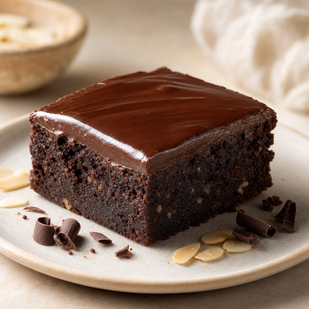 Brownie sin gluten con cobertura de chocolate negro preparada como receta RAIAN