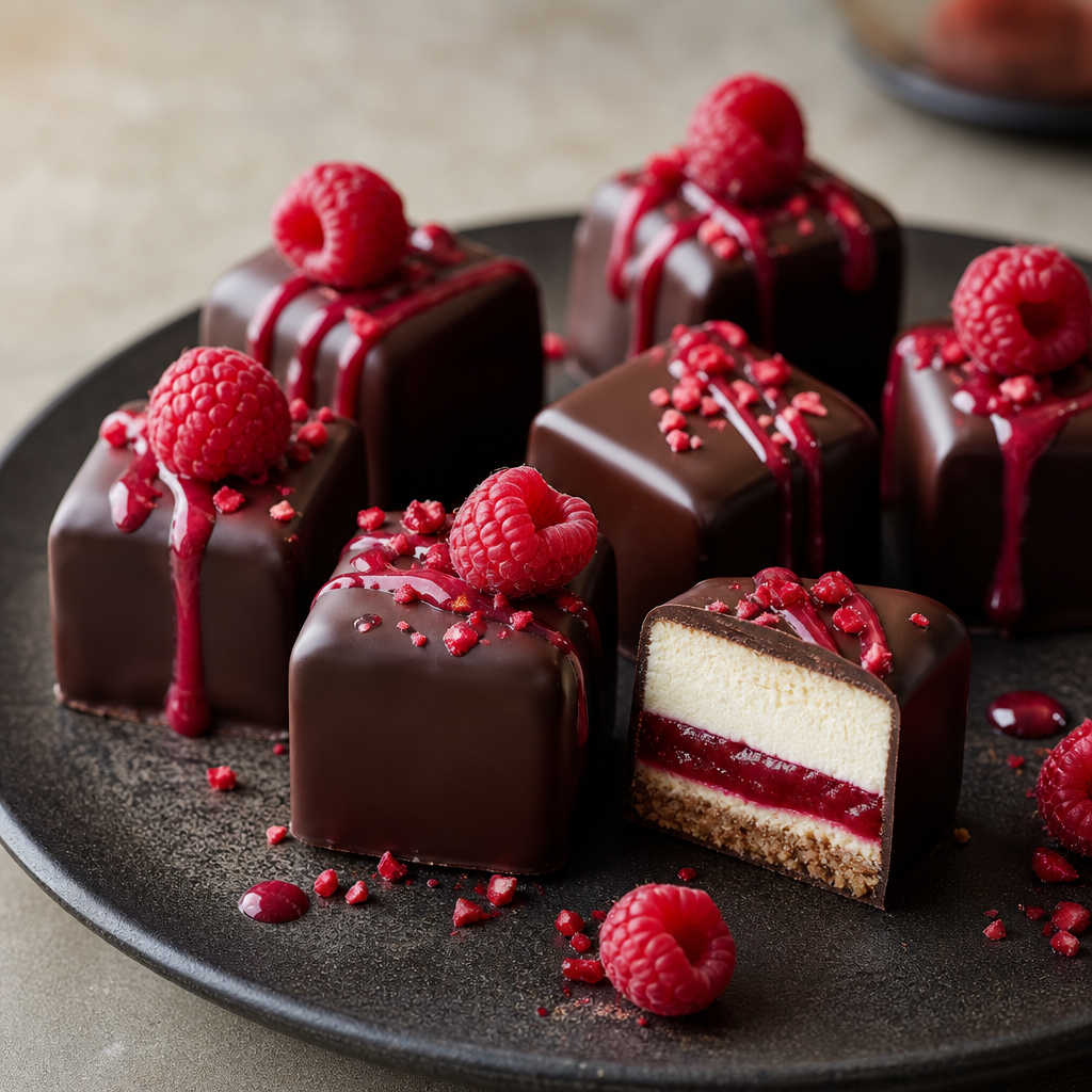 Cheesecake bites con chocolate negro y frambuesa preparada como receta RAIAN