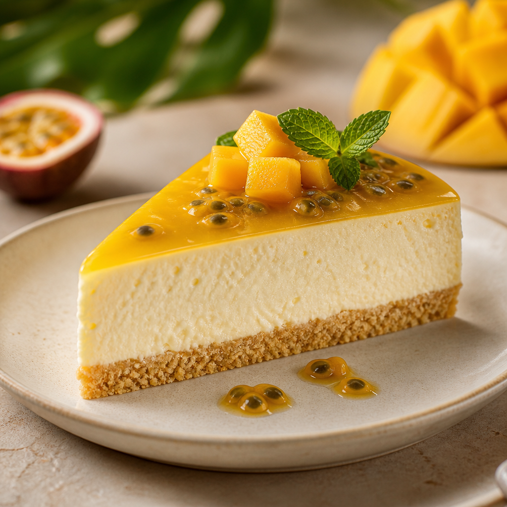 Cheesecake premium de mango y maracuyá sin horno preparada como receta RAIAN