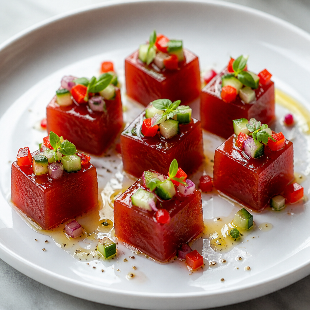 Cubos de gazpacho gelificado preparada como receta RAIAN