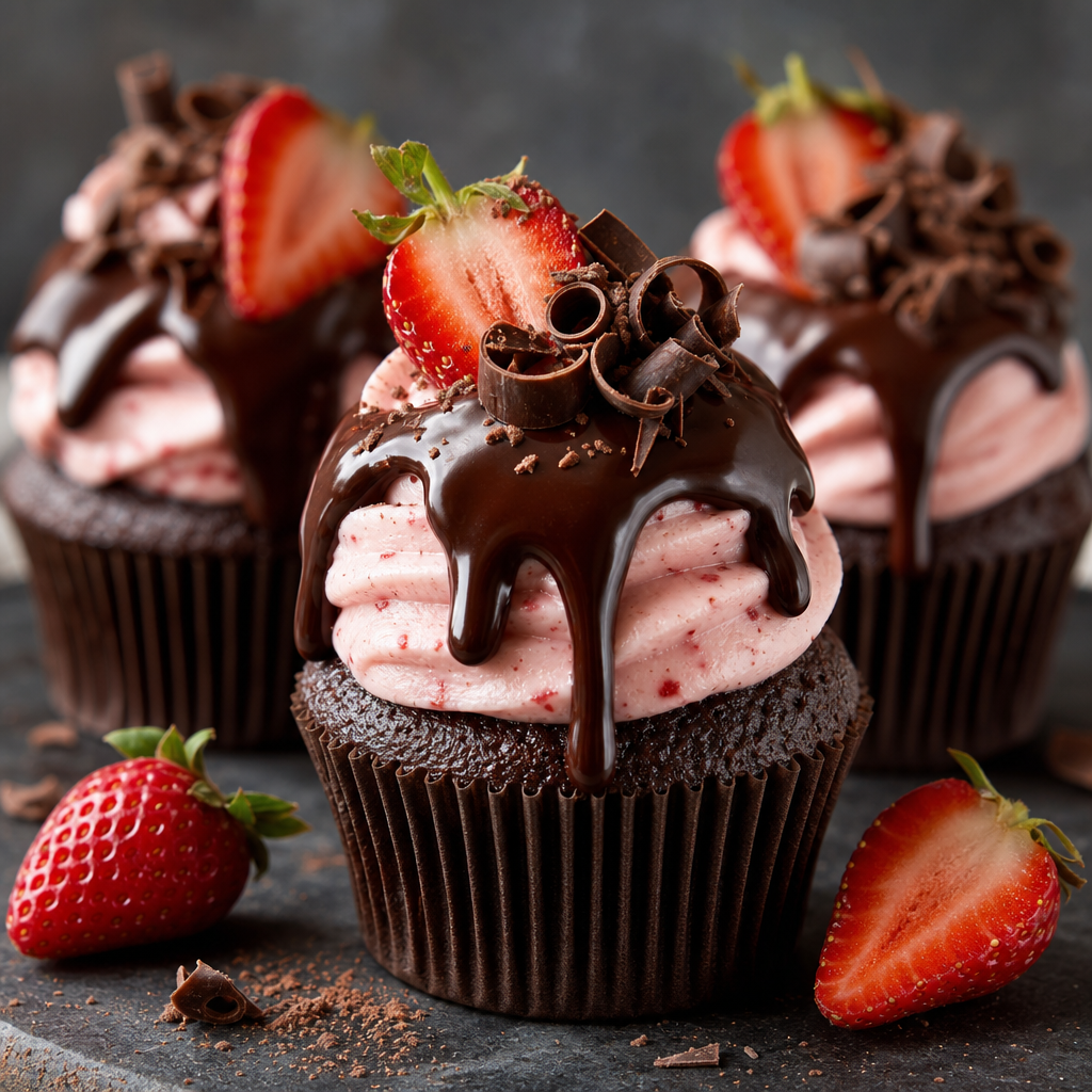 Cupcakes de fresa con ganache de chocolate negro preparada como receta RAIAN