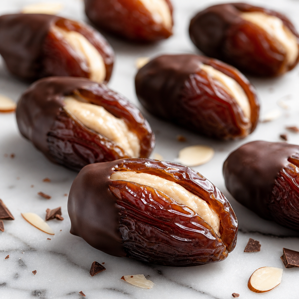 Dátiles rellenos de crema de almendra y chocolate negro preparada como receta RAIAN
