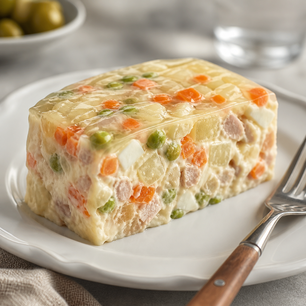 Ensaladilla moldeada con gelatina ligera preparada como receta RAIAN
