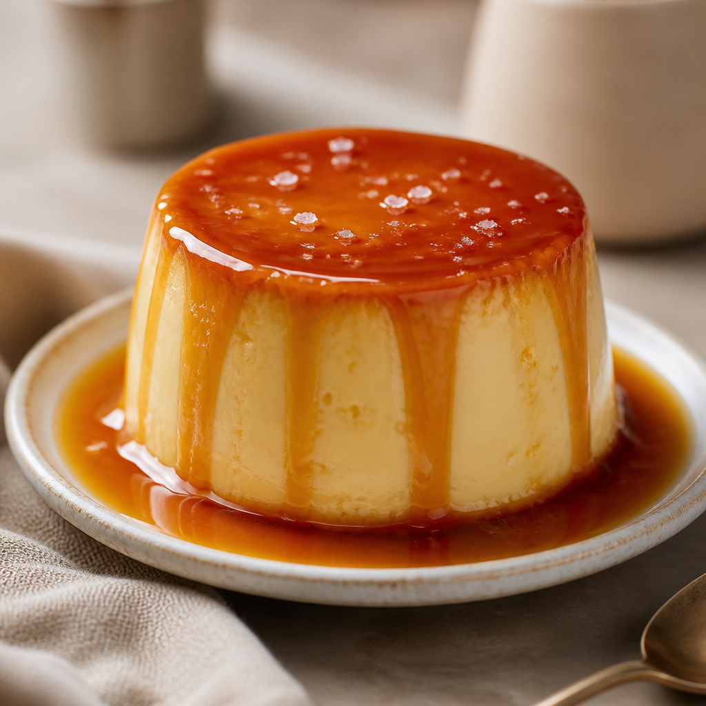 Flan premium de queso crema y caramelo salado preparada como receta RAIAN