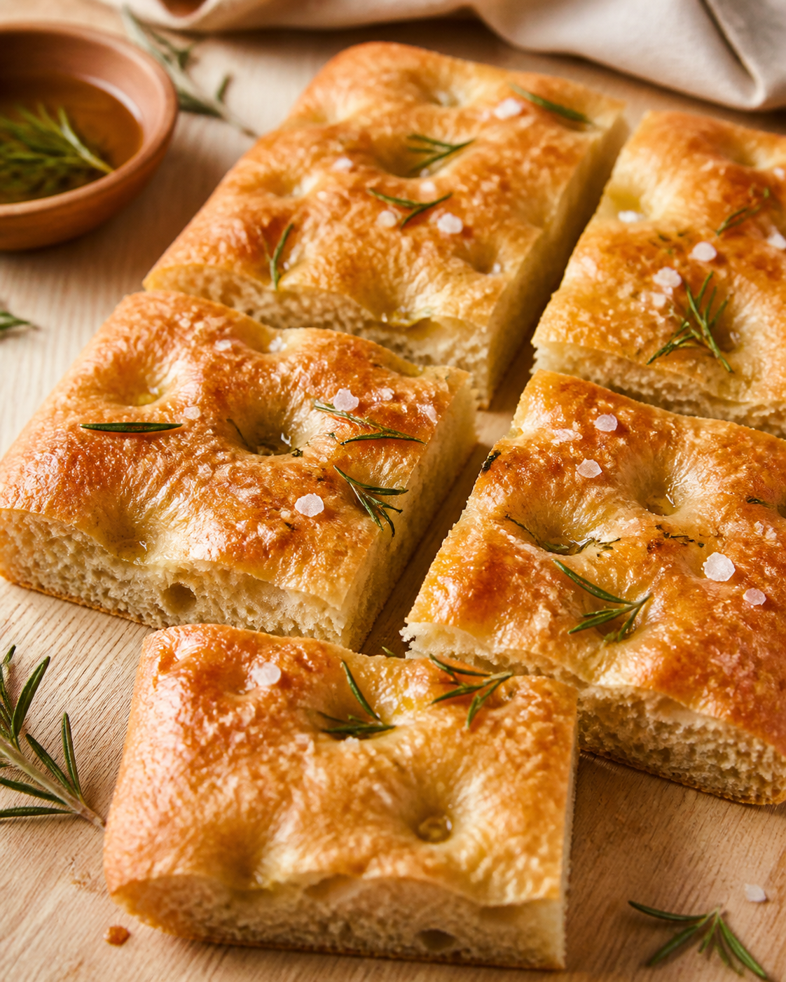 Focaccia de romero y aceite de oliva preparada como receta RAIAN