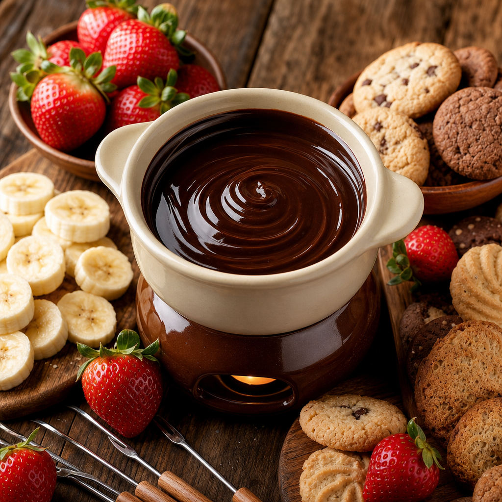 Fondue de chocolate a la taza con frutas y galletas preparada como receta RAIAN