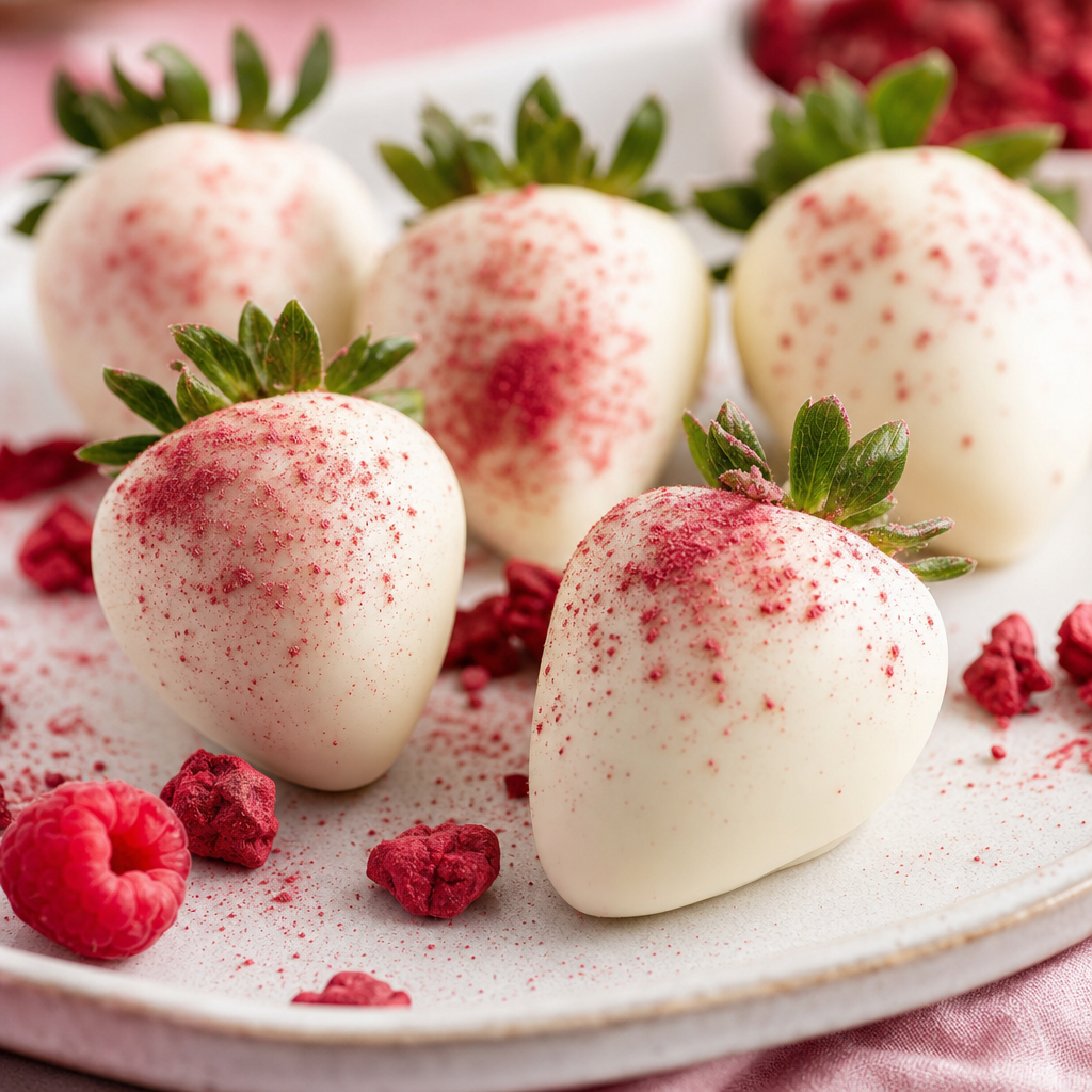 Fresas con chocolate blanco y polvo de frambuesa preparada como receta RAIAN