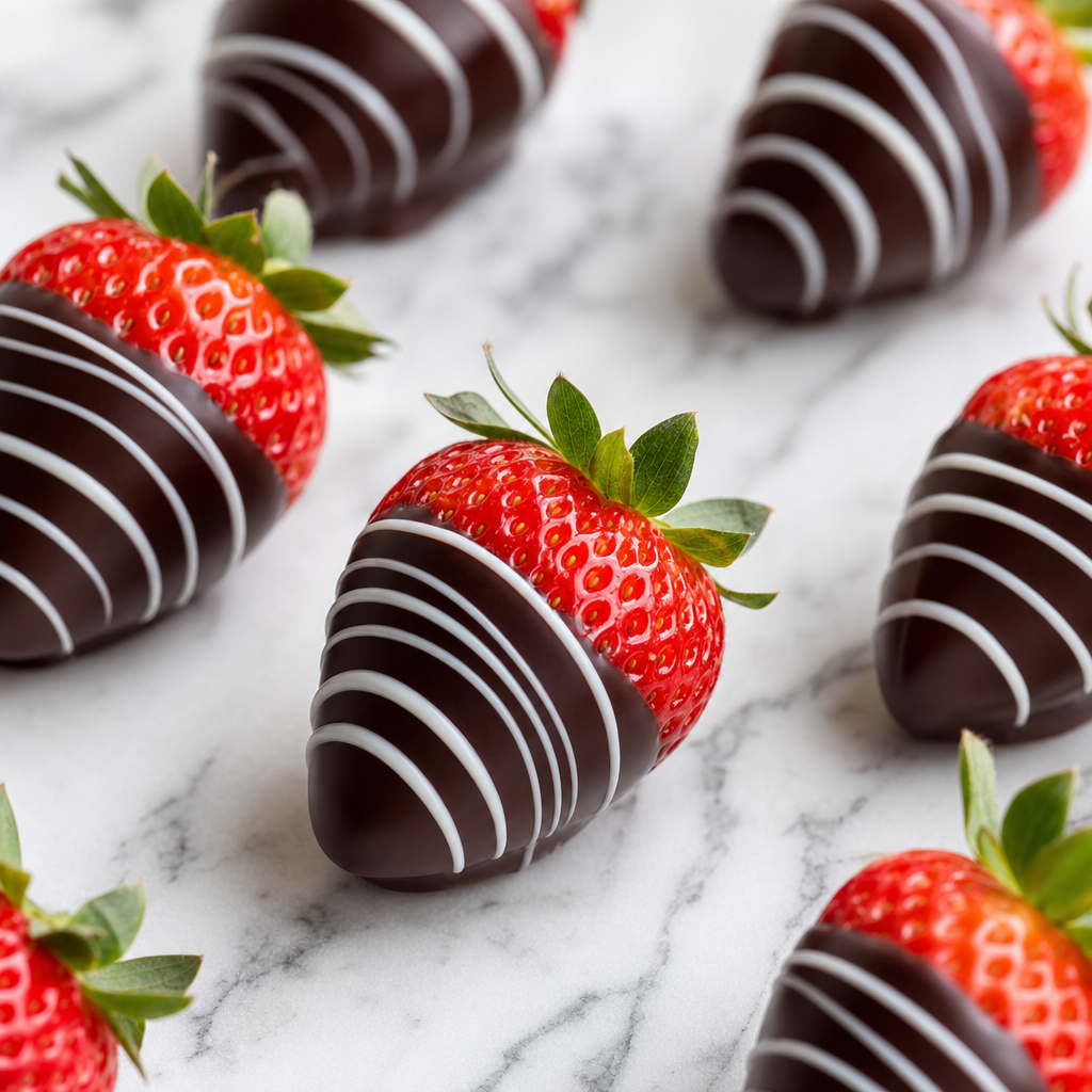 Fresas con chocolate negro y líneas de chocolate blanco preparada como receta RAIAN