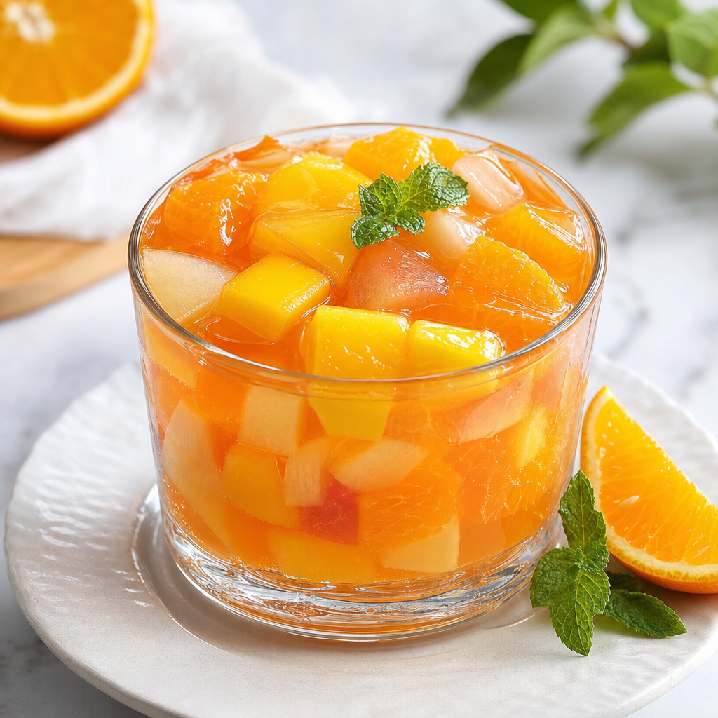 Gelatina de naranja casera con trozos de fruta preparada como receta RAIAN