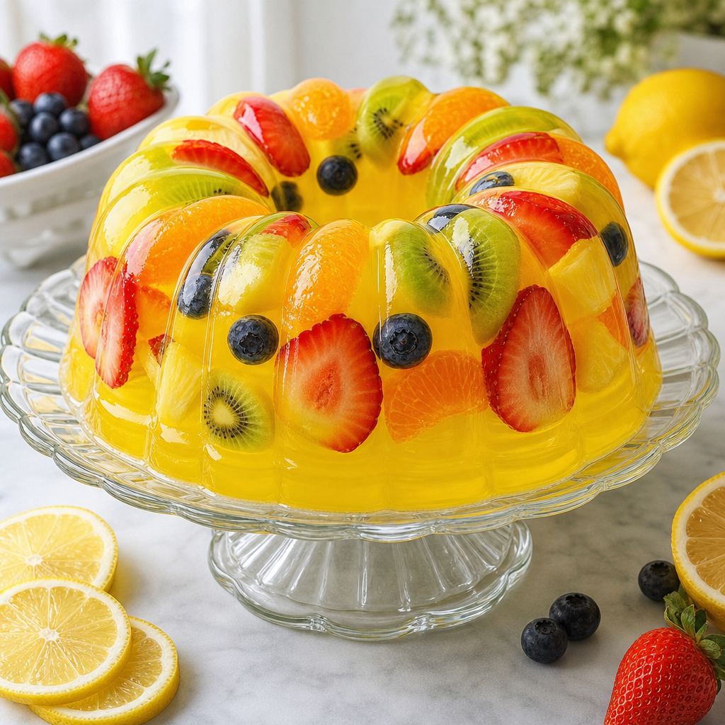 Gelatina familiar de limón con frutas preparada como receta RAIAN