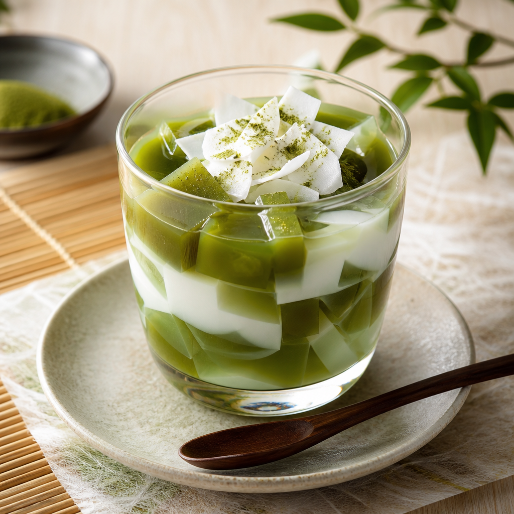 Gelatina fitness de matcha y leche de coco preparada como receta RAIAN
