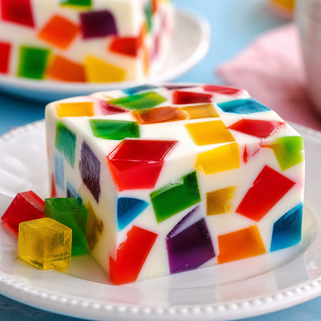 Gelatina mosaico familiar con crema de leche preparada como receta RAIAN