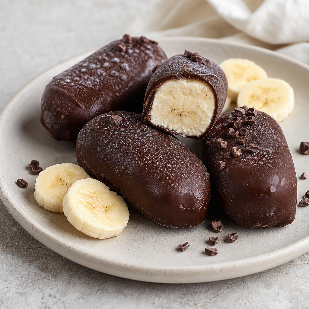 Helado de plátano fitness con cobertura negra preparada como receta RAIAN