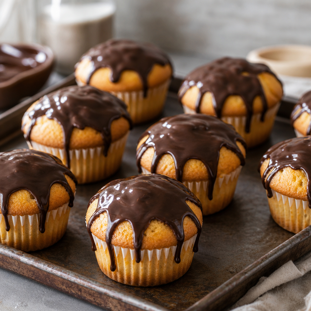 Magdalenas rellenas con cobertura de chocolate negro preparada como receta RAIAN