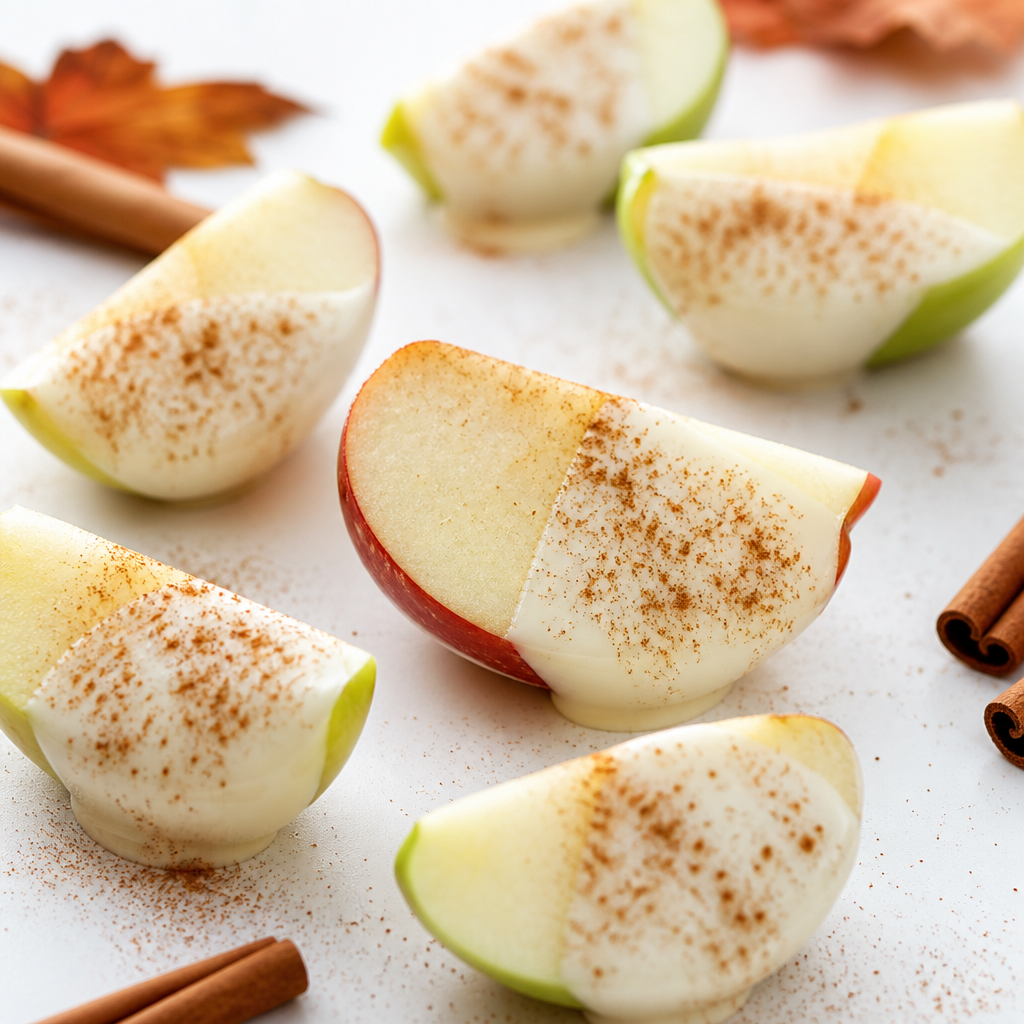 Manzana en gajos con chocolate blanco y canela preparada como receta RAIAN