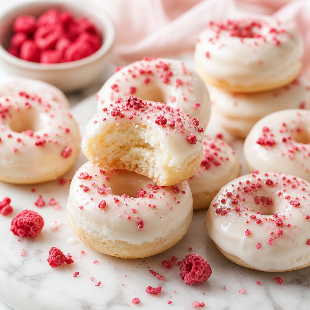 Mini donuts con chocolate blanco y frambuesa preparada como receta RAIAN