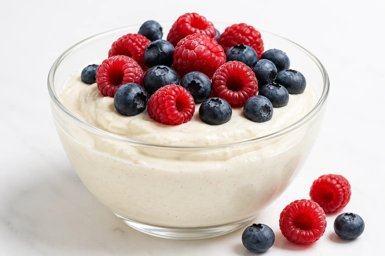 Mousse espesa de caseína con vainilla y frutos rojos preparada como receta RAIAN