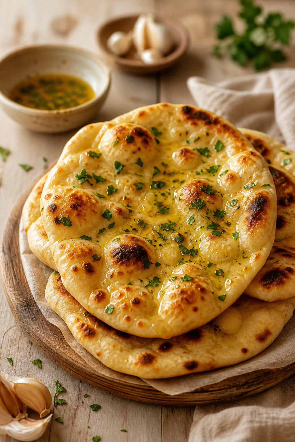Naan de ajo y mantequilla al estilo indio preparada como receta RAIAN