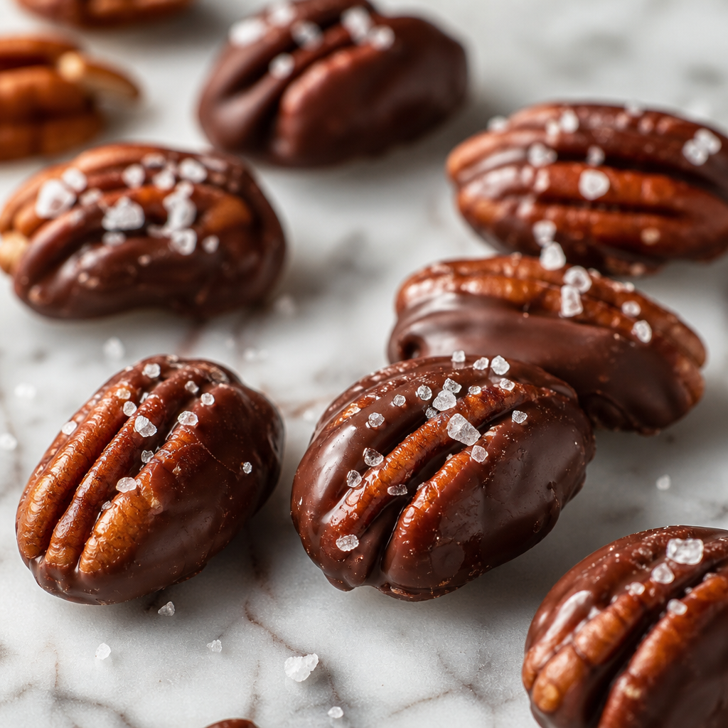 Nueces pecanas con chocolate negro y sal preparada como receta RAIAN