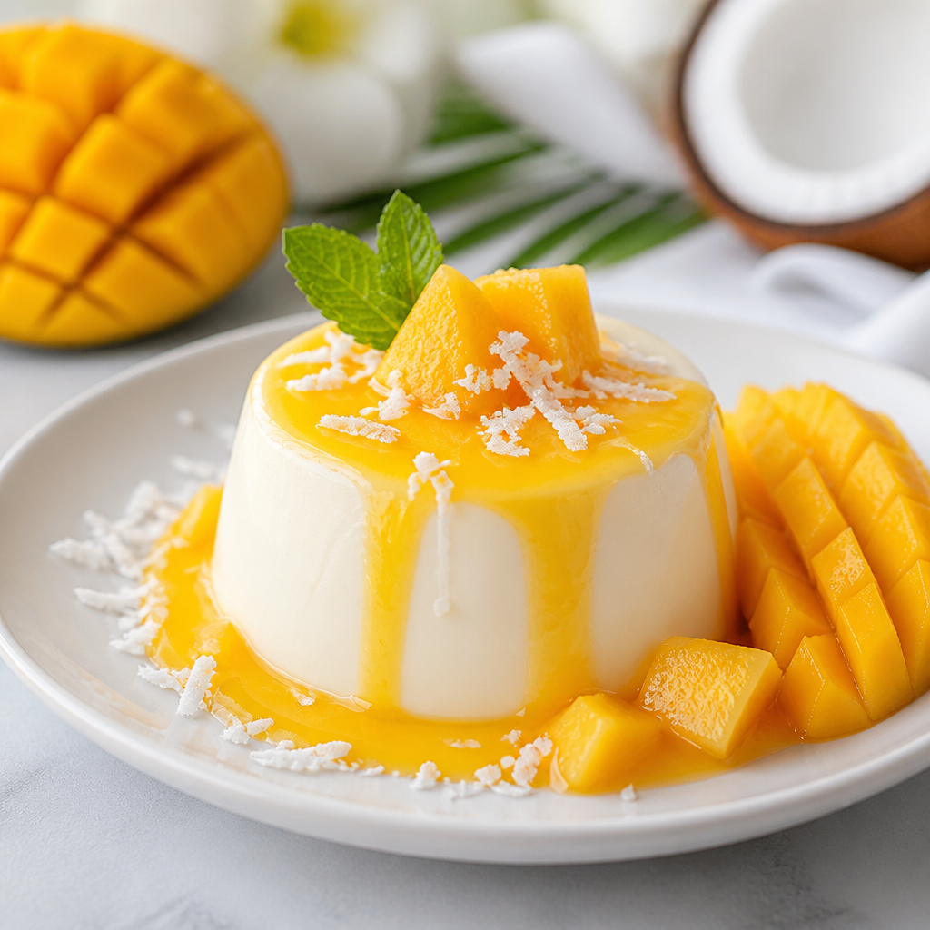 Panna cotta de coco y mango preparada como receta RAIAN
