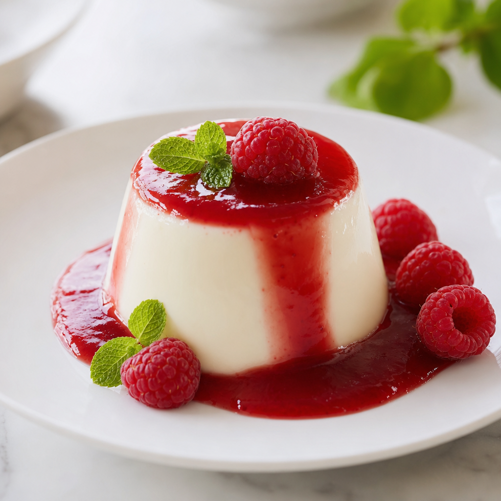 Panna cotta premium de vainilla y coulis de frambuesa preparada como receta RAIAN