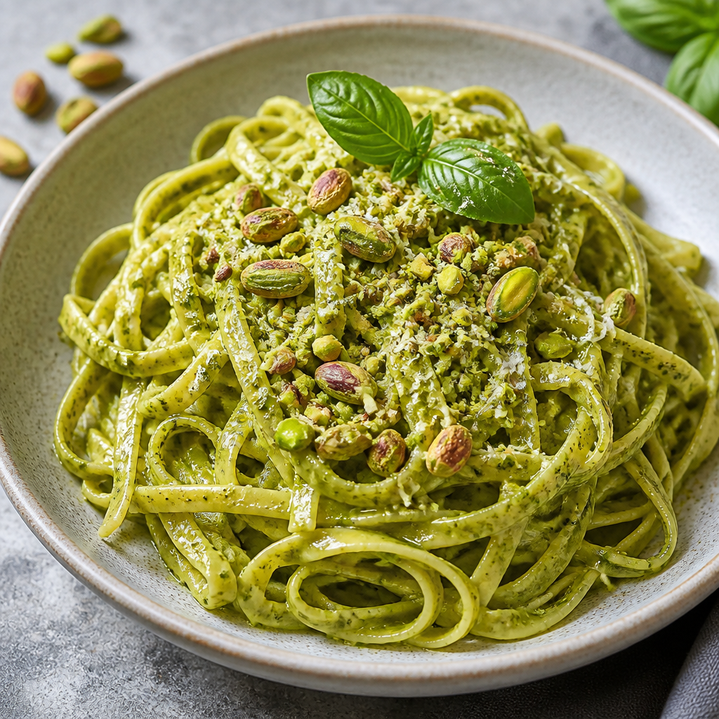Pesto de pistacho con pasta fresca preparada como receta RAIAN