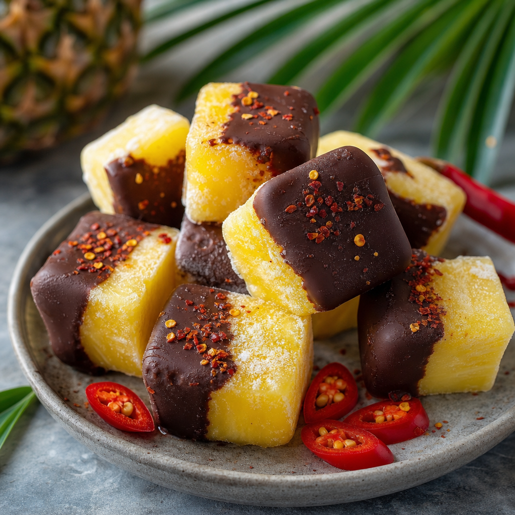 Piña congelada con chocolate negro y chile suave preparada como receta RAIAN