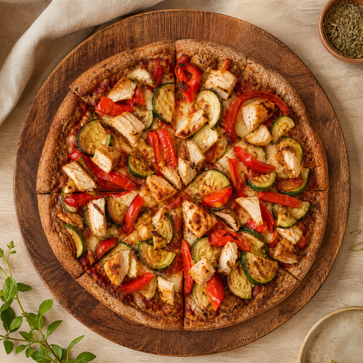 Pizza integral fit de pollo y verduras preparada como receta RAIAN