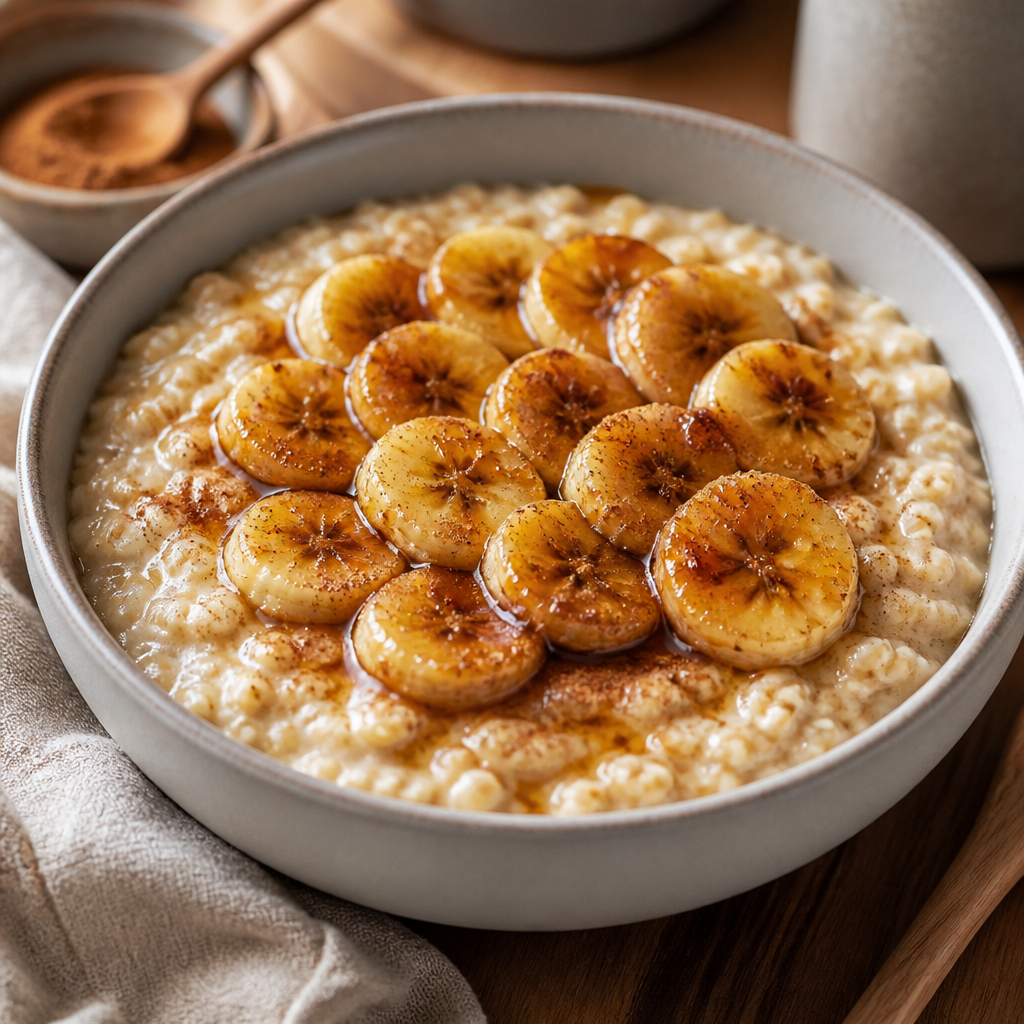 Porridge de avena con inulina de agave y plátano caramelizado preparada como receta RAIAN